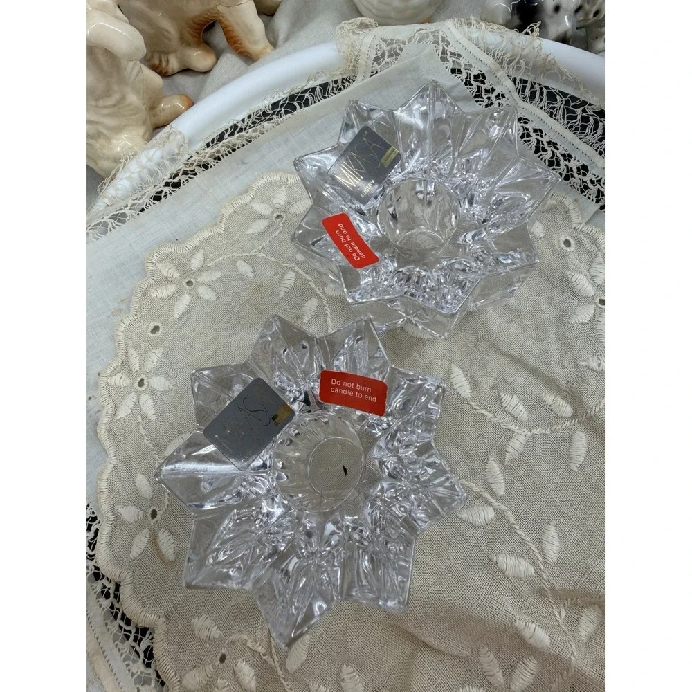 Mikasa Austria Crystal Lotus Taper Candle Holders Pair MCM Hollywood Regency New